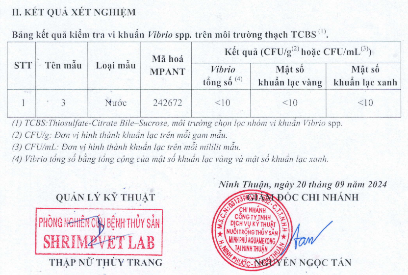 Kết quả kiểm nghiệm nước nuôi tôm giống sử dụng công nghệ ozone